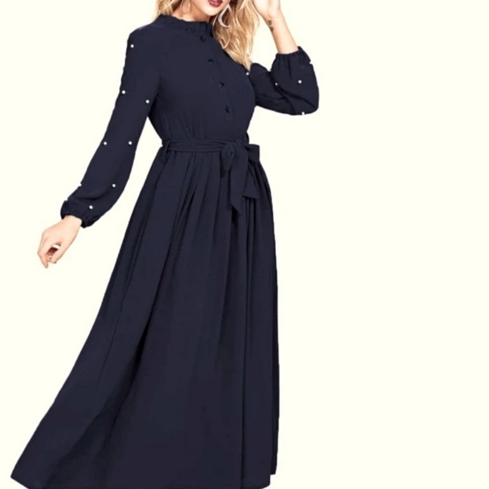 SHEIN Pearls beaded Ruffle Neck Belted Maxi Dress Size L Long Flowy